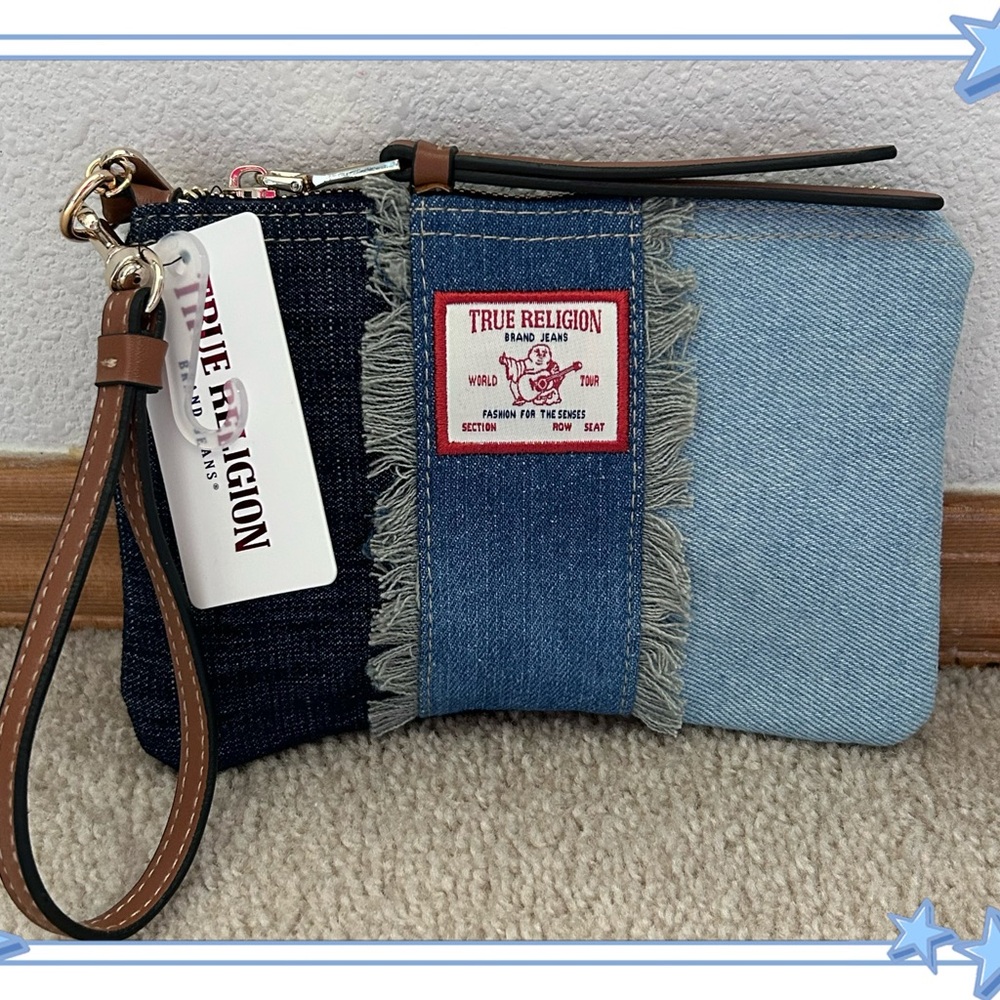 NWT True Religion Frayed Panel Denim Wristlet Pouch Denim Blue OS